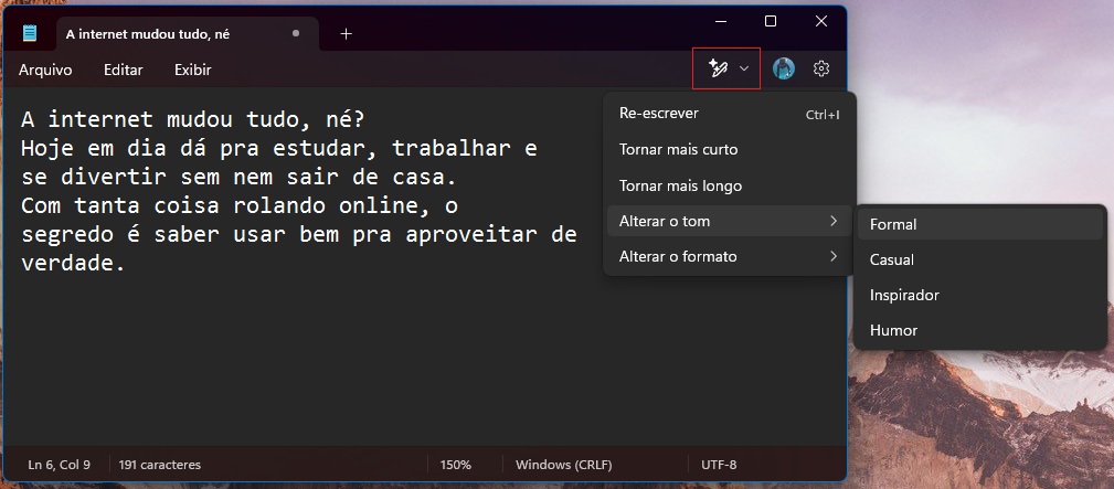 Captura de tela exibindo o aplicativo bloco de notas
