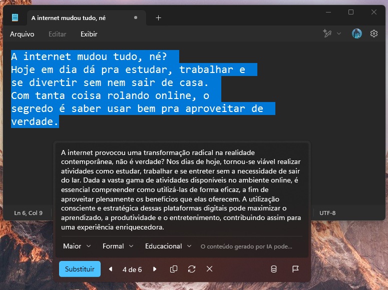 Captura de tela exibindo o aplicativo bloco de notas