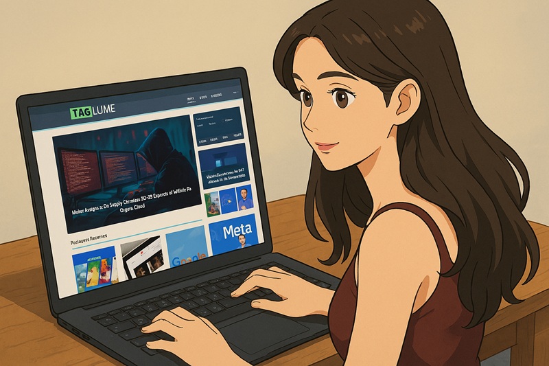 Mulher morena lendo o blog Tag Lume no notebook, ilustrada no estilo do Studio Ghibli.